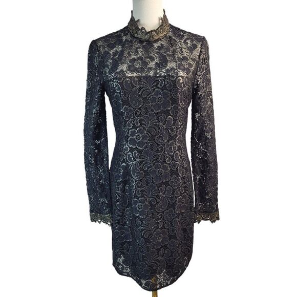 Rachel Zoe Size 6 RTR Designer Black Lace Dress Long Sleeve High Neck Hidden Zip - Picture 5 of 16
